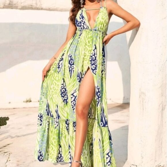 _ Dresses & Skirts - MULTICOLOR ALL OVER PRINT , BACKLESS,  FRILL, CUT OUT, CRISS CROSS , CAM…